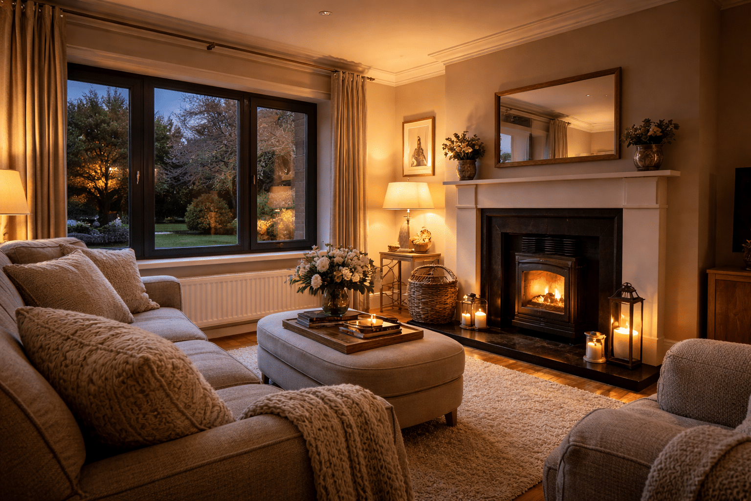 Cosy living room with anthracite grey energy-efficient windows, soft lighting, and a lit fireplace creating a warm and comfortable atmosphere.